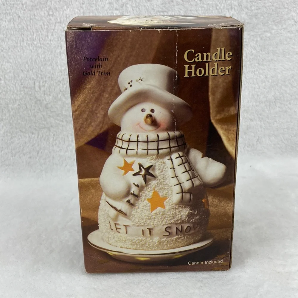 Christmas Let It Snow Ceramic Snowman Tea Light Holder with Plate NIB